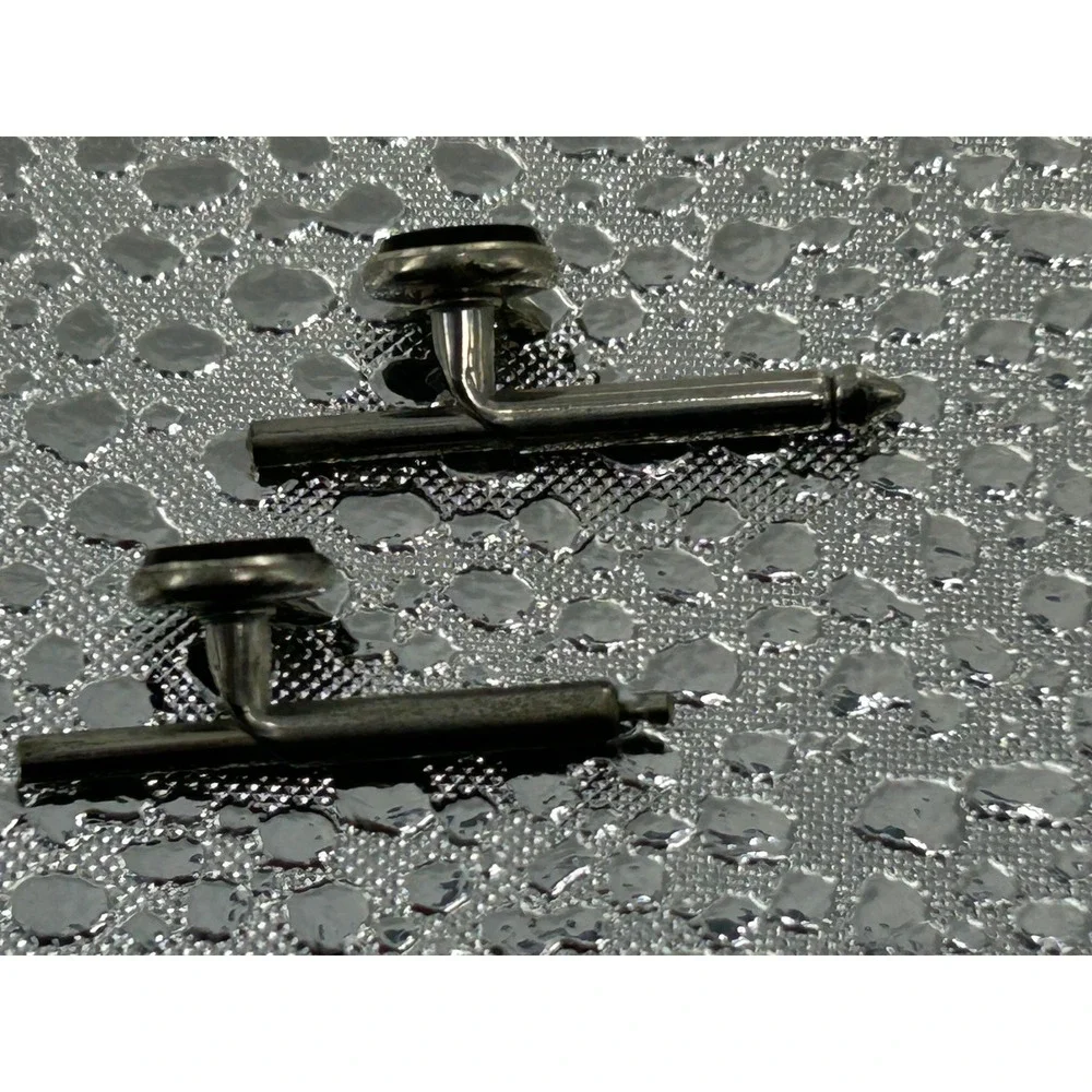 Vintage Silver Tone Wrap Around Mesh Cufflinks with Black Onyx Inset Mid Century
